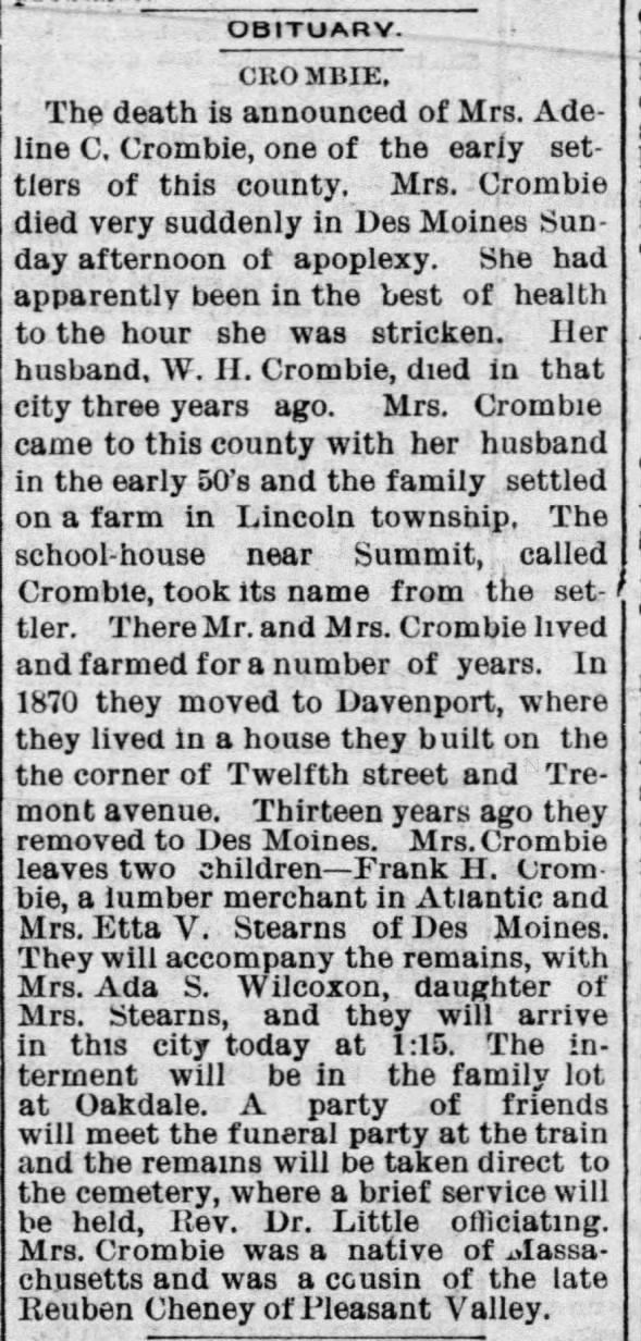 Mrs Adeline C Crombie obit